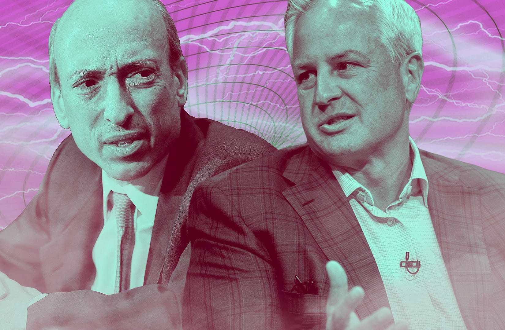 Portrait of Gary Gensler facing off with Doug Cifu, over a backgroung of a wormhole structure with a superimposed lightning bolt.