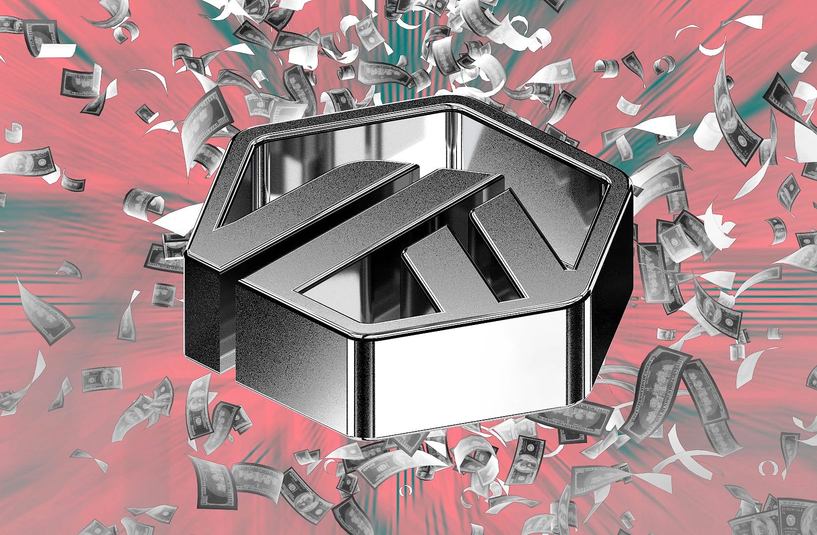 Arbitrum as the main image with lots of dollars raining down