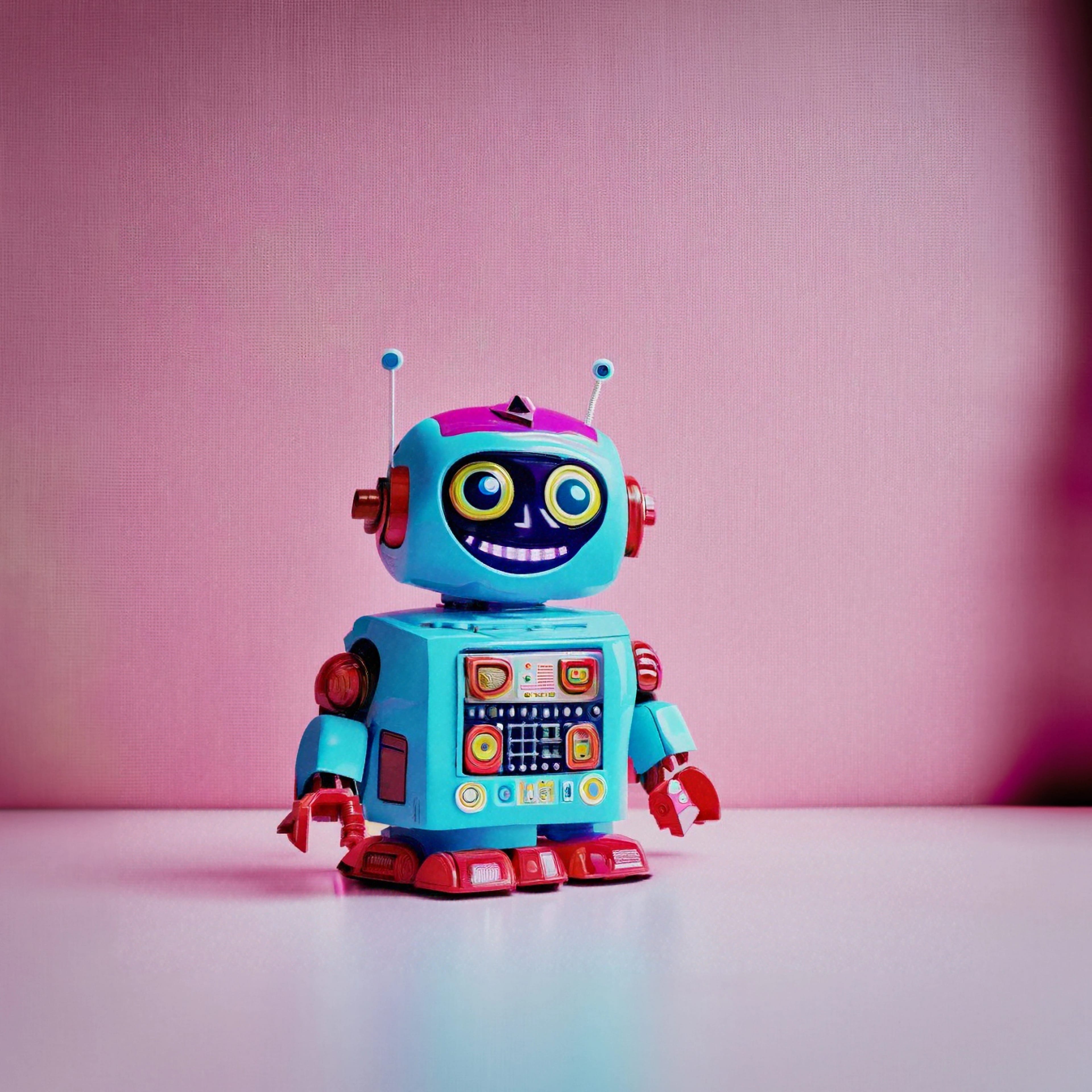 Advertising,-,Testimonial,Photo,Of,Realistic,Smiling,Toy,Robot,Against