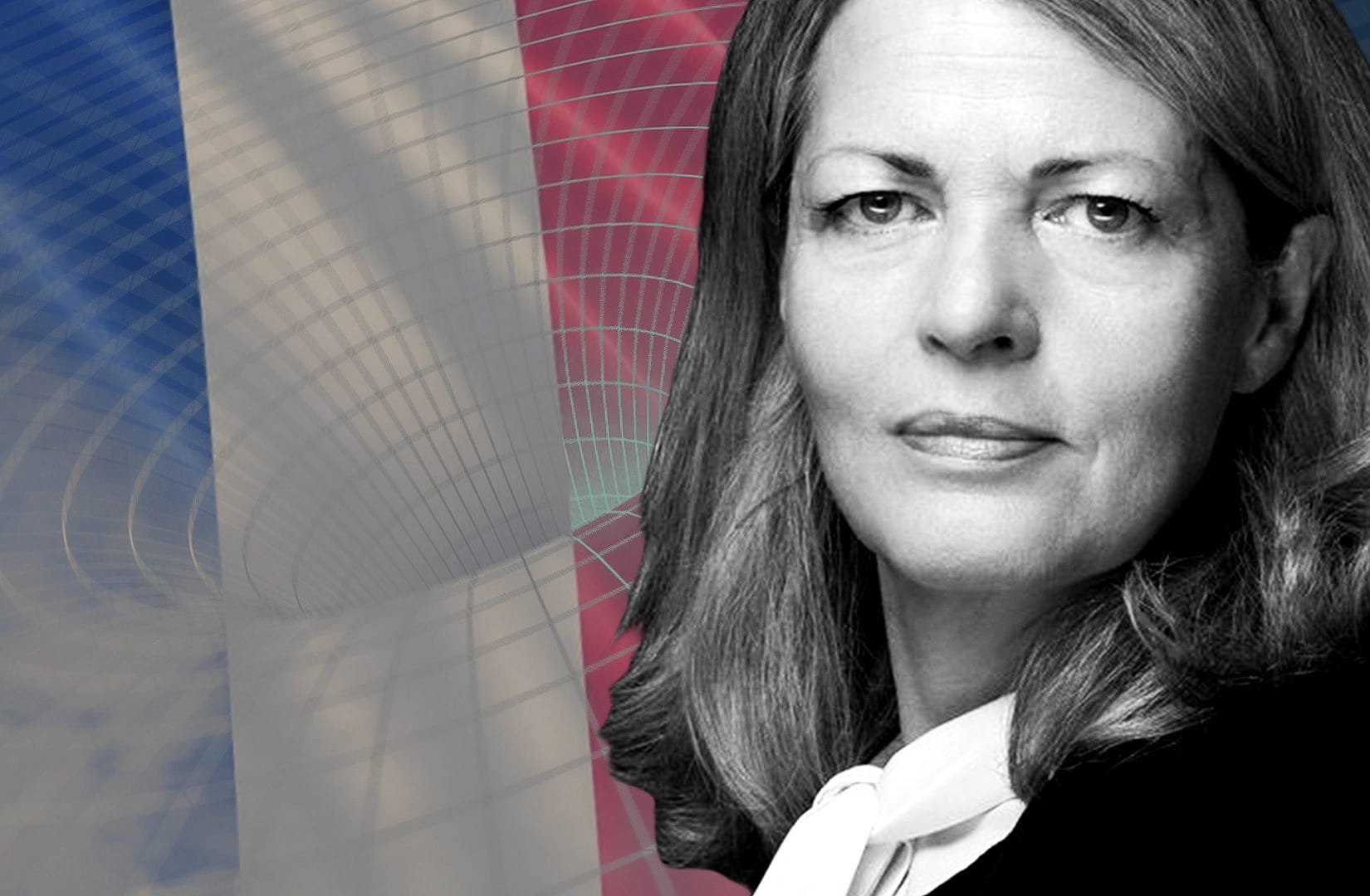 Portrait of Marie-Anne Barbat-Layani, over a wormhole structure background superimposed on the flag of France.