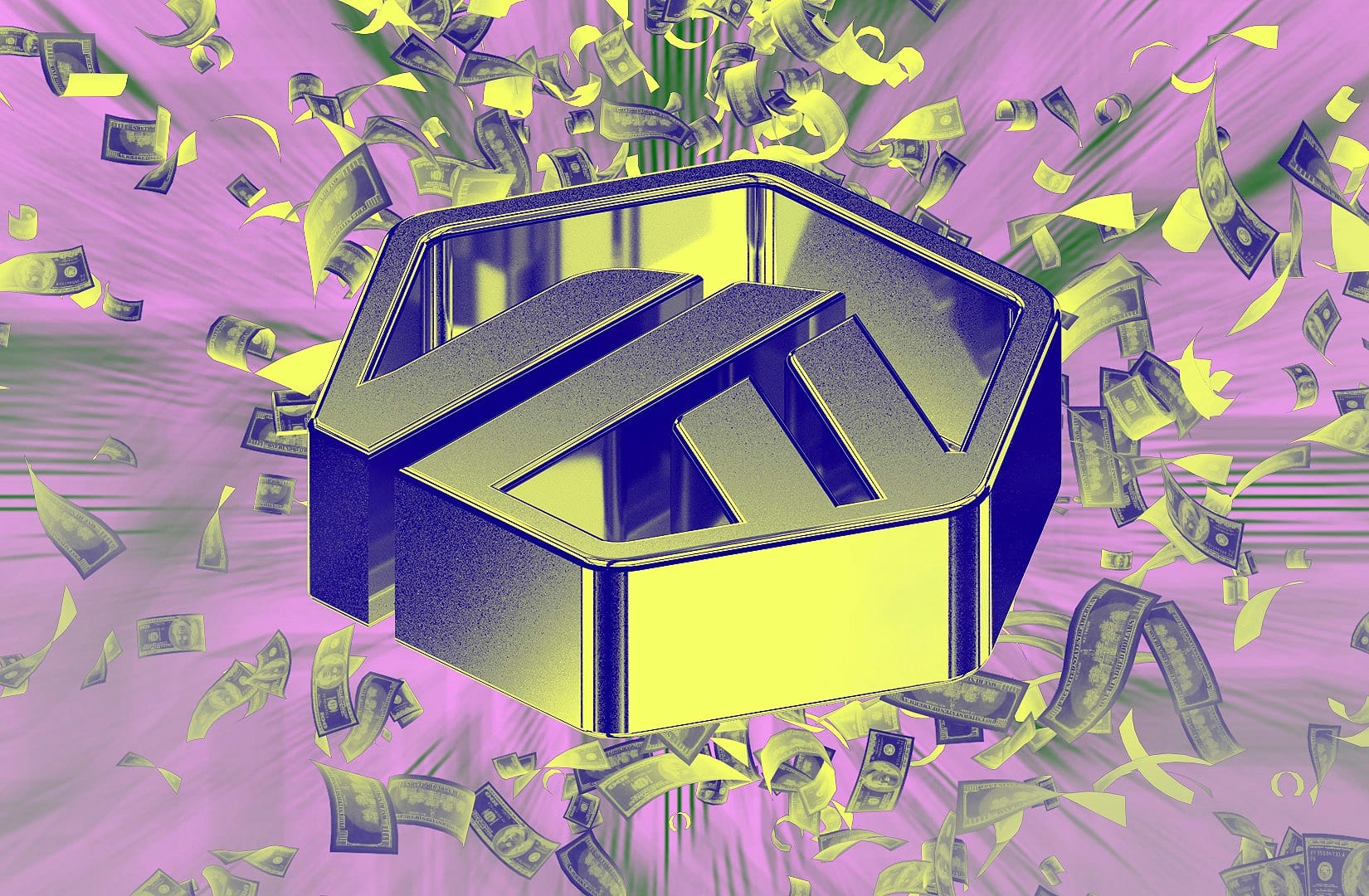 Arbitrum as the main image with lots of dollars raining down